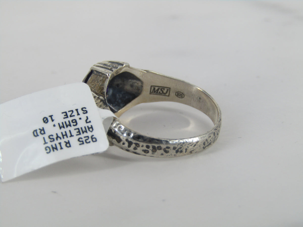 Hammered Finish Silver Ring With Amethyst Center