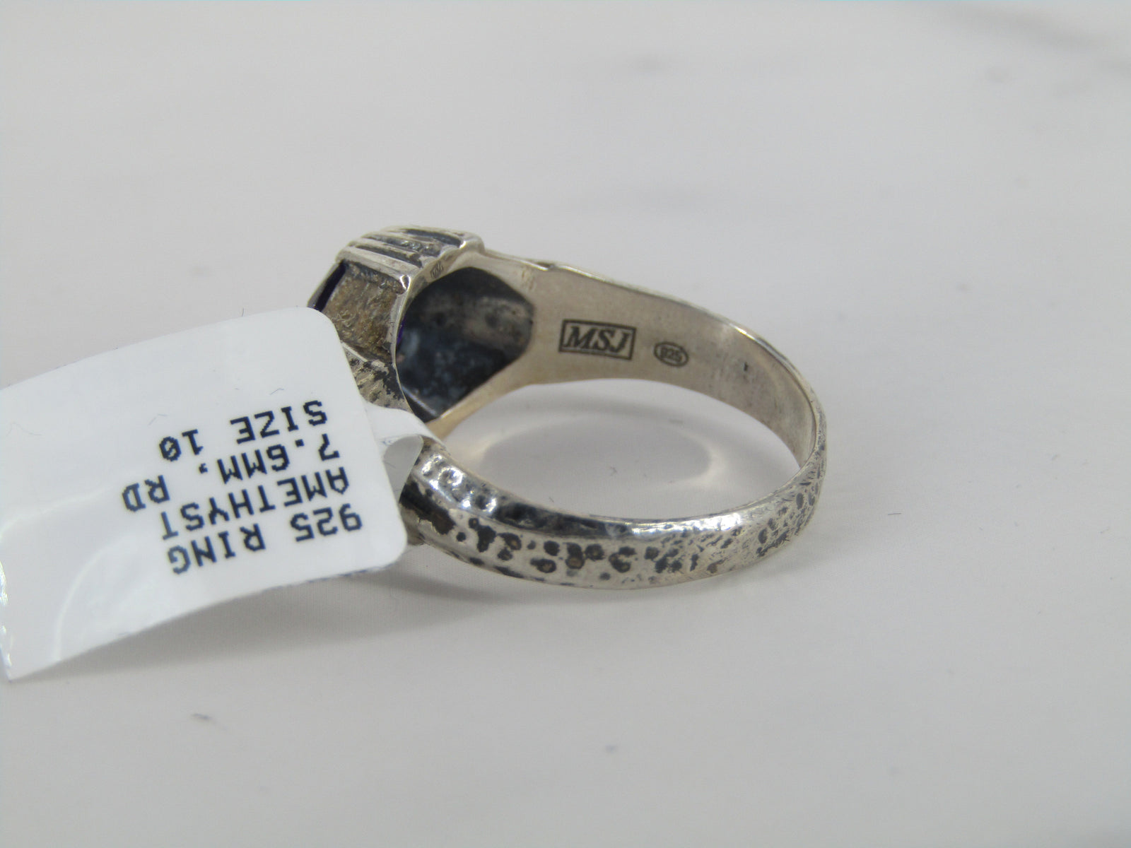 Hammered Finish Silver Ring With Amethyst Center