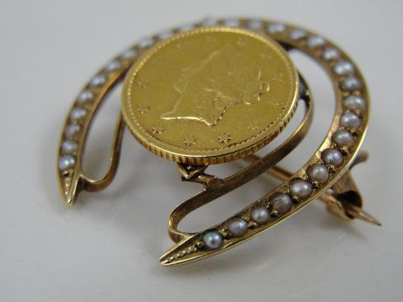 Good Luck Coin Pearl Horseshoe Brooch