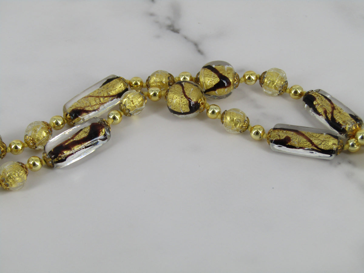 Gold And Brown Swirl Italian Glass Bead Necklace