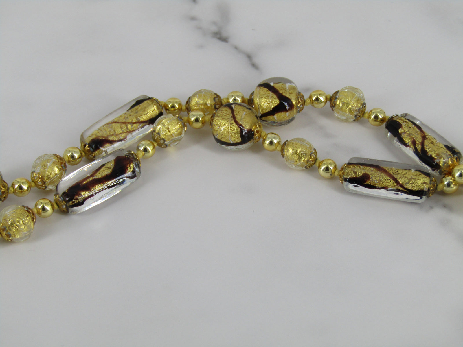 Gold And Brown Swirl Italian Glass Bead Necklace