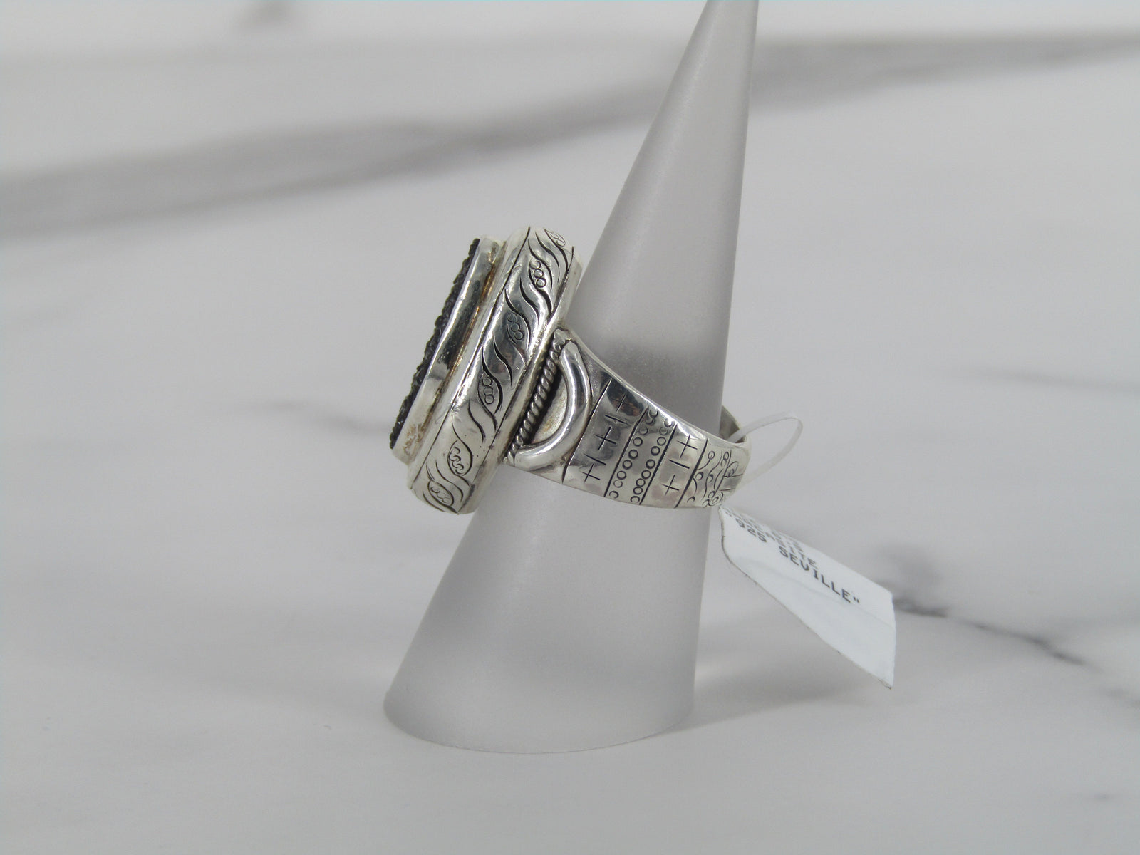 Organic Shape Marcasite Ring with Engraved Patterns Surrounding the Band