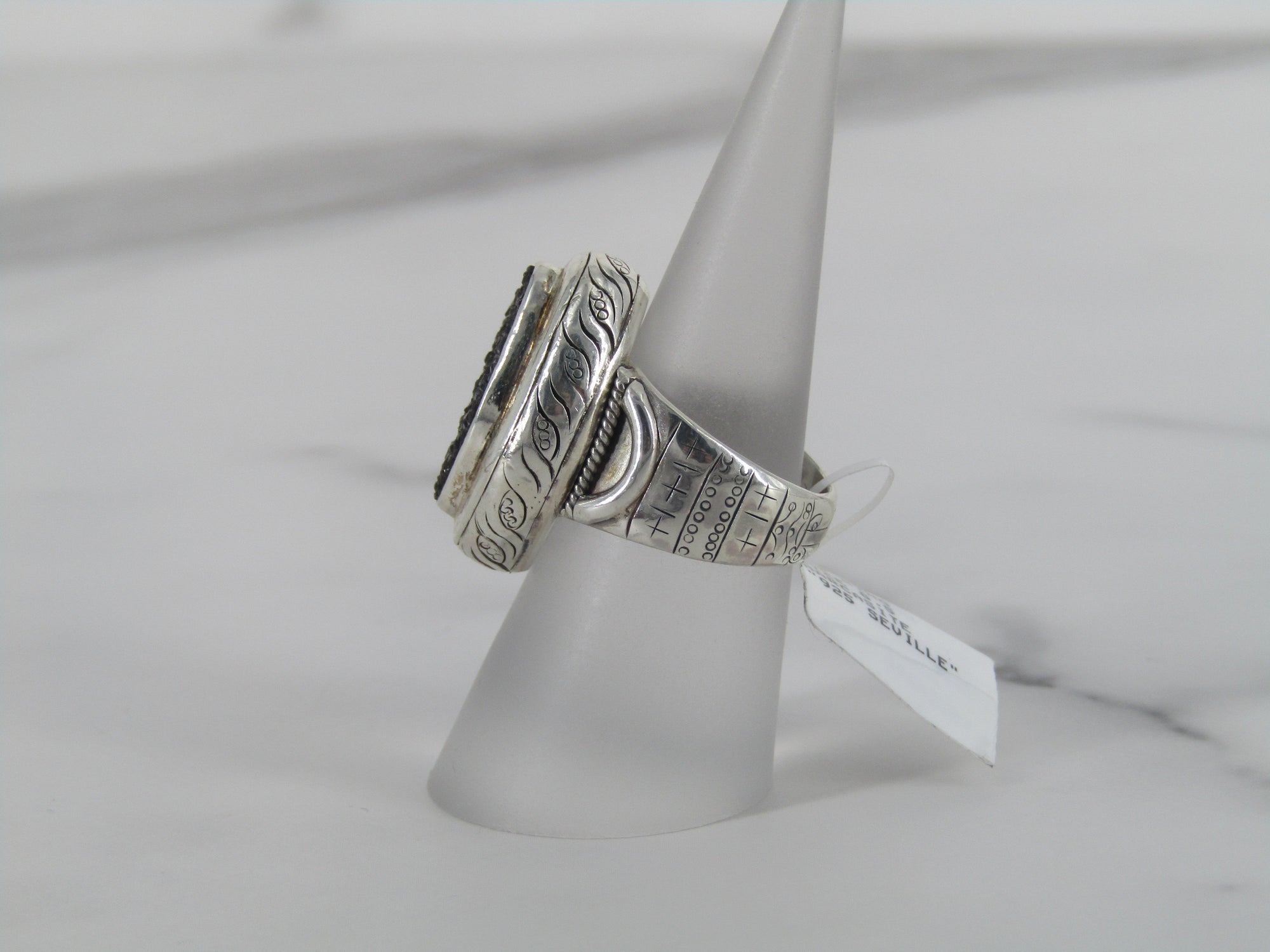 Organic Shape Marcasite Ring with Engraved Patterns Surrounding the Band