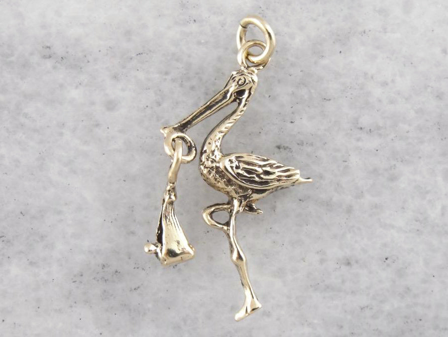 The Stork is Here, Vintage Stork Delivery Charm or Pendant, Baby Shower Keepsake
