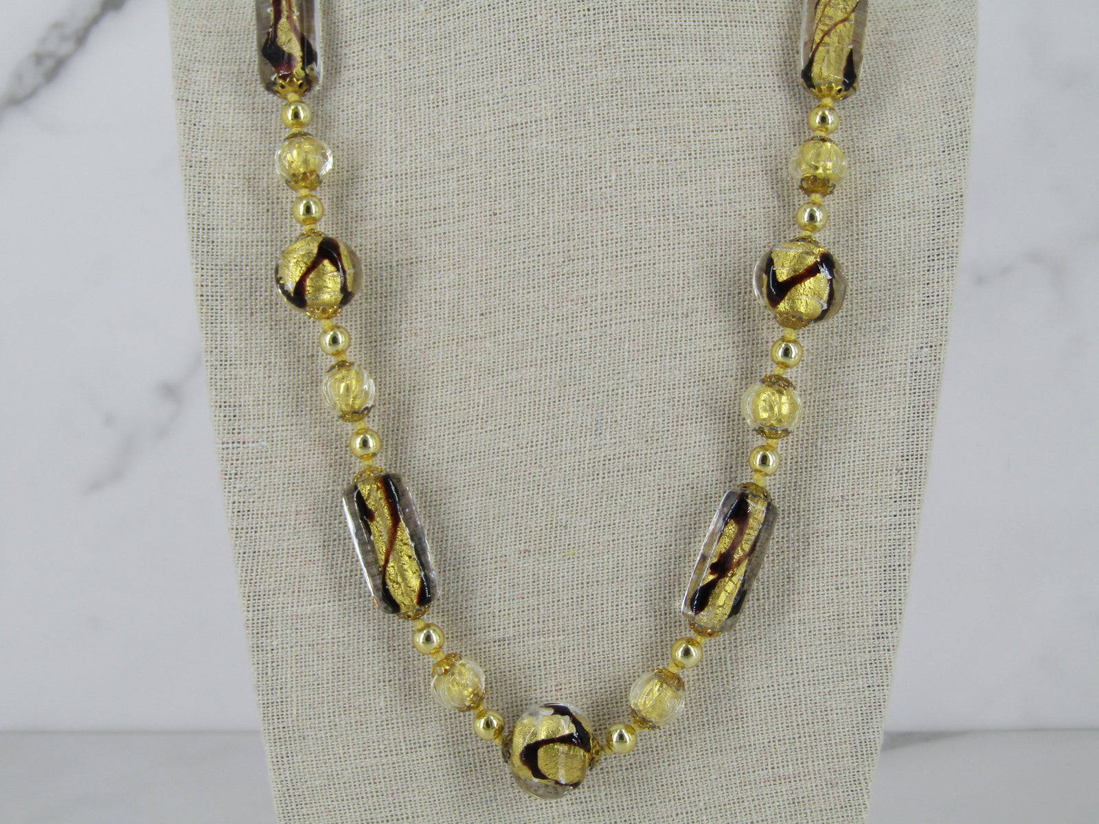 Gold And Brown Swirl Italian Glass Bead Necklace