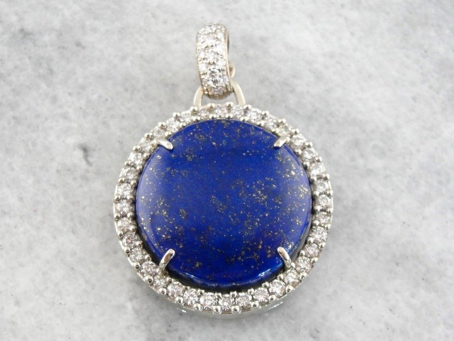 Lapis and Diamond Halo Pendant in White Gold
