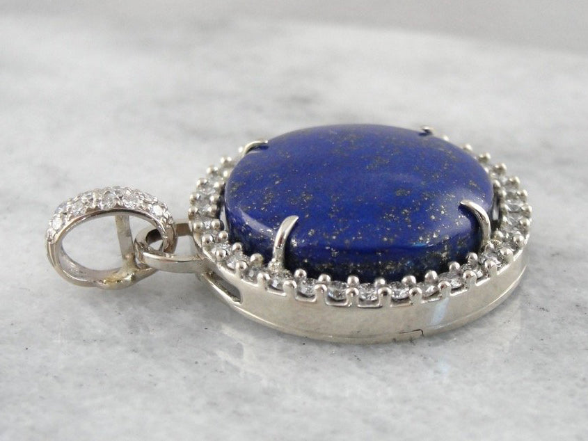 Lapis and Diamond Halo Pendant in White Gold