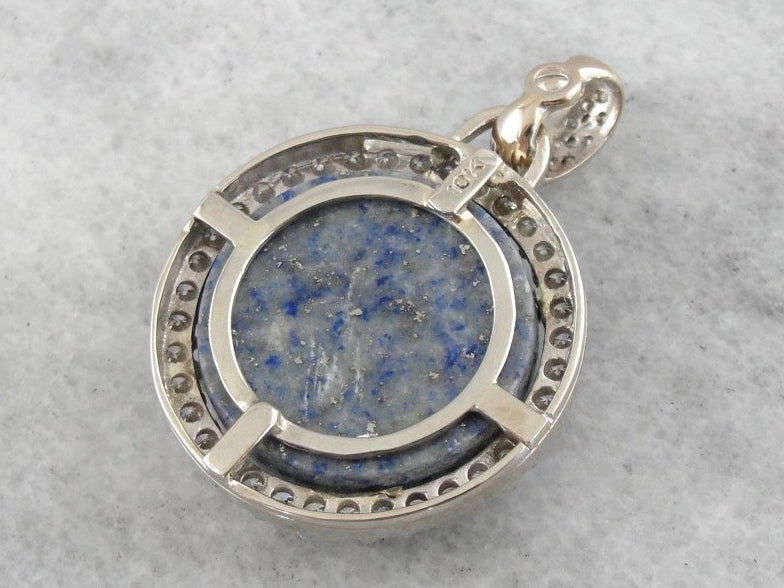Lapis and Diamond Halo Pendant in White Gold