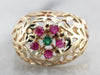 High Domed Leaf Motif Emerald and Ruby Cluster Ring