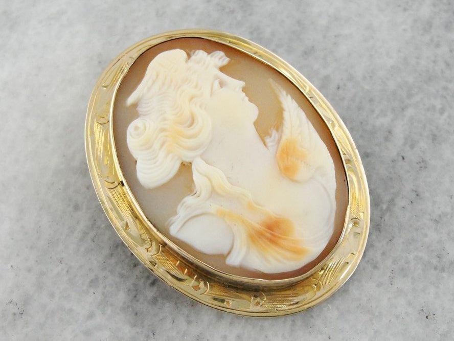 Lovely Bridal Cameo Portrait in Fine Gold Frame with Engraved Details
