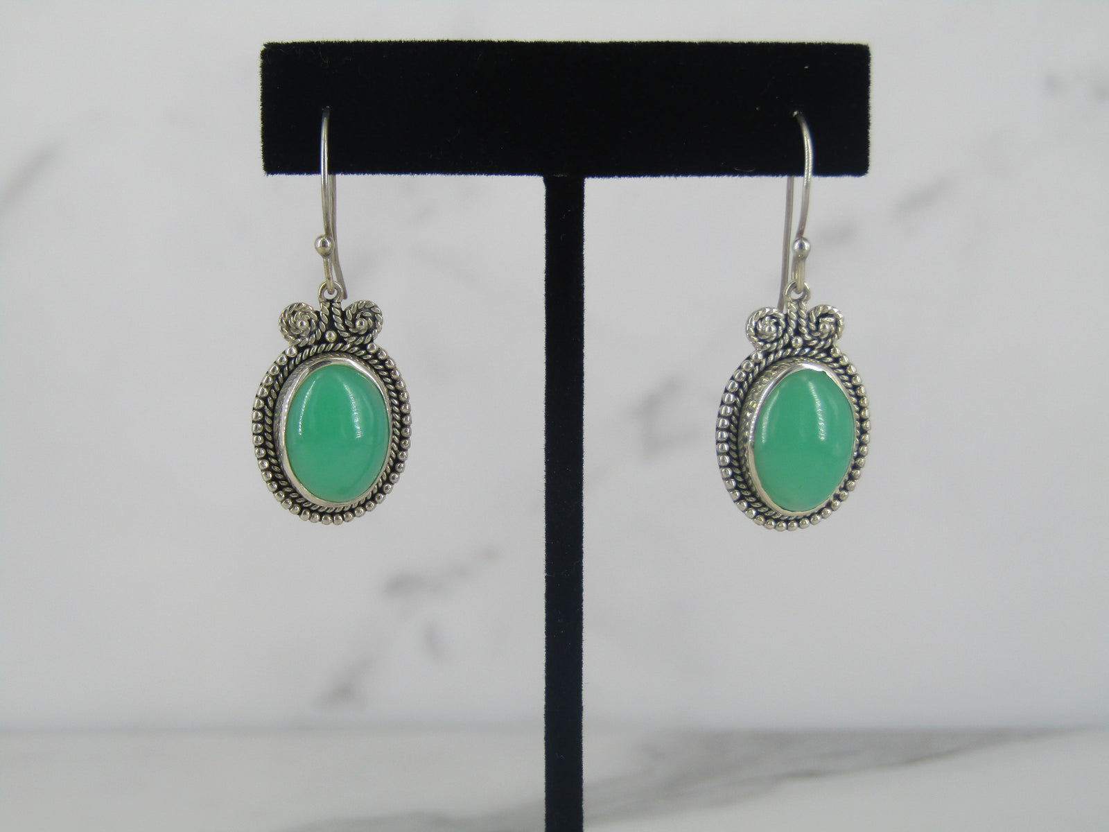Sterling Silver Chrysoprase Oval Rope Accent Earrings