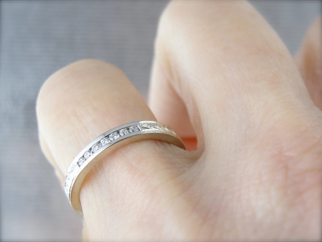 Etched Channel Set Diamond Band, White Gold Wedding Ring