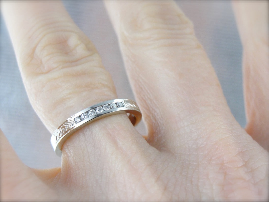 Etched Channel Set Diamond Band, White Gold Wedding Ring