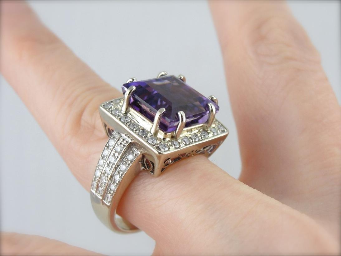 Contemporary Luxury: Weighty White Gold and Diamond Mounting with Rare Amethyst Center