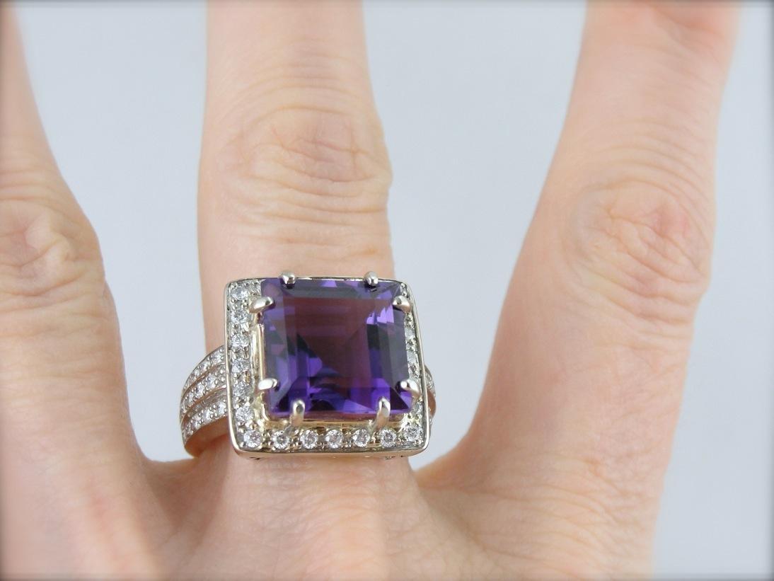 Contemporary Luxury: Weighty White Gold and Diamond Mounting with Rare Amethyst Center