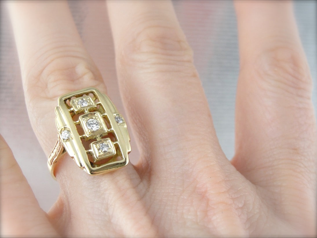 Fantastic Vintage Multi Diamond Cocktail Ring, Rich High Karate Gold
