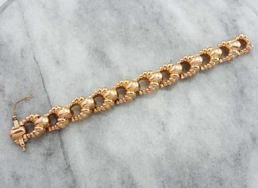 Huge Heavy Rose Gold Bracelet, Scalloped Link Bracelet, Rose Gold Link Bracelet