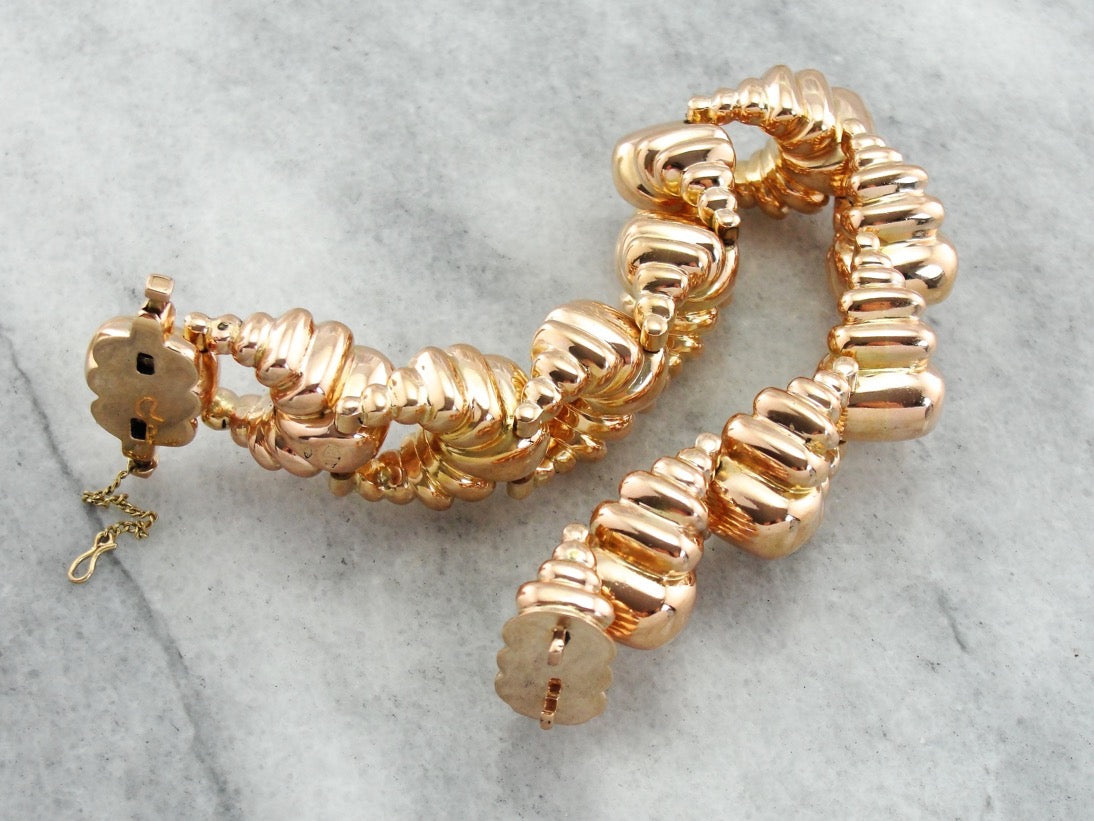 Huge Heavy Rose Gold Bracelet, Scalloped Link Bracelet, Rose Gold Link Bracelet