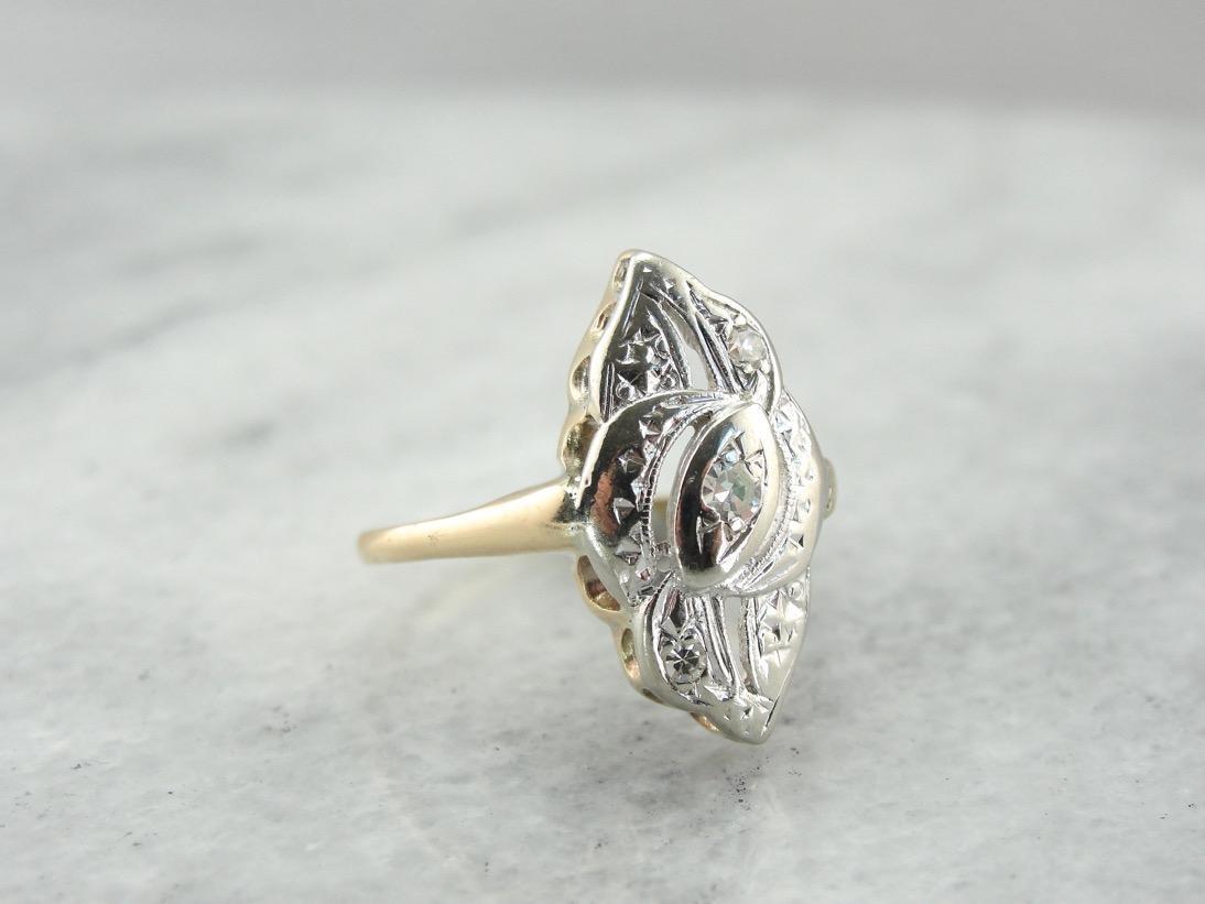 Two Tone Retro Era Diamond Cocktail Dinner Ring