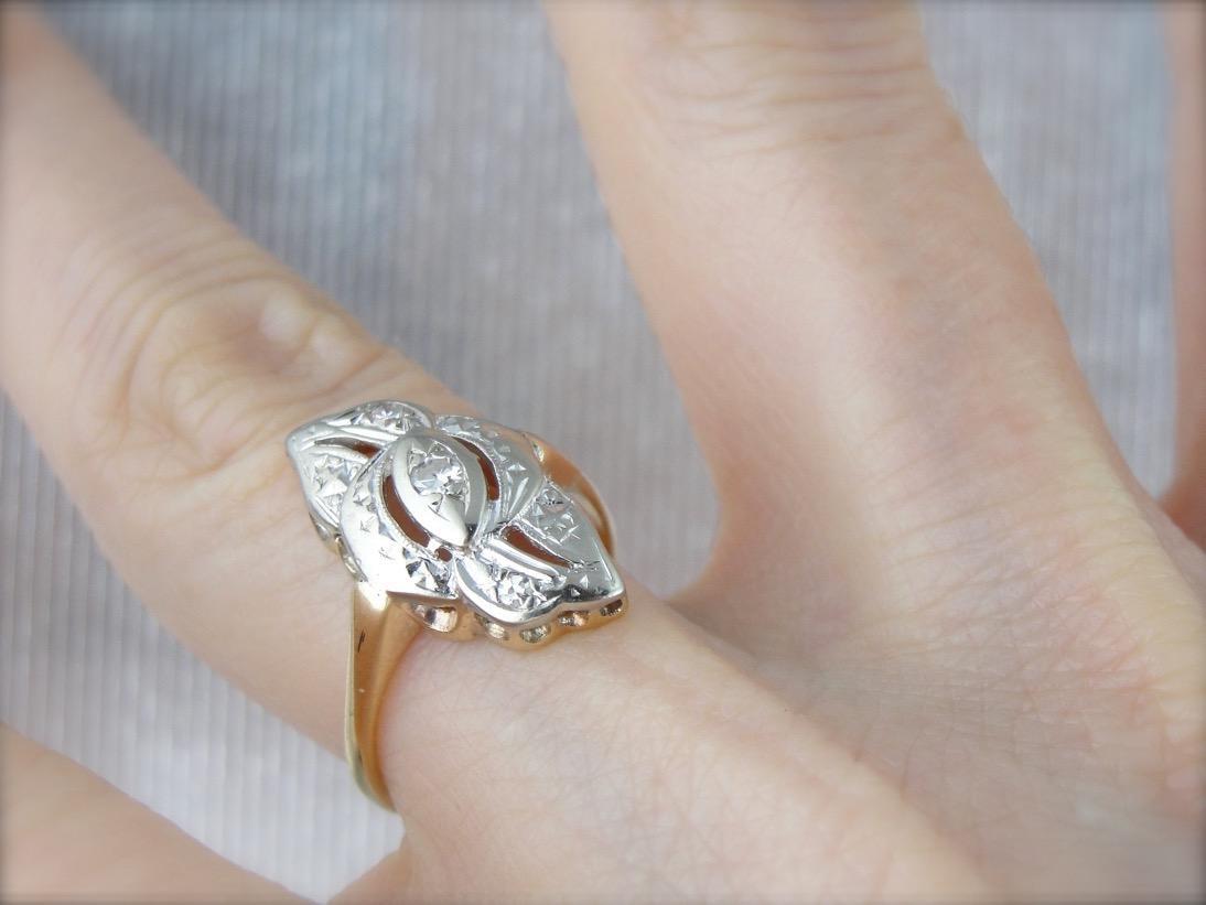 Two Tone Retro Era Diamond Cocktail Dinner Ring