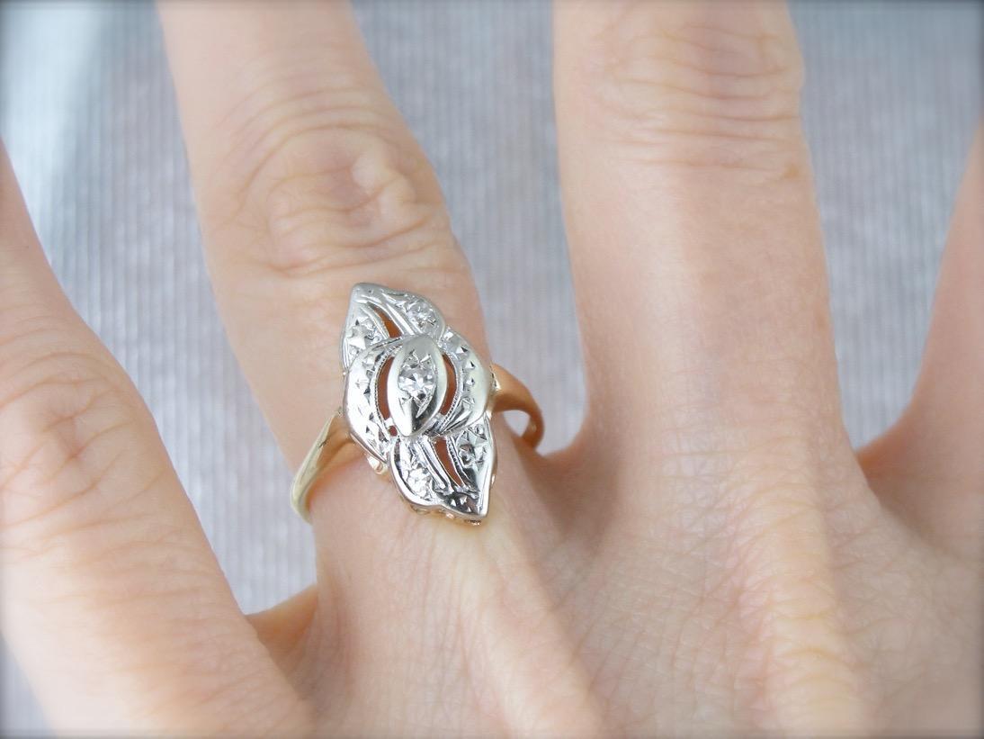 Two Tone Retro Era Diamond Cocktail Dinner Ring