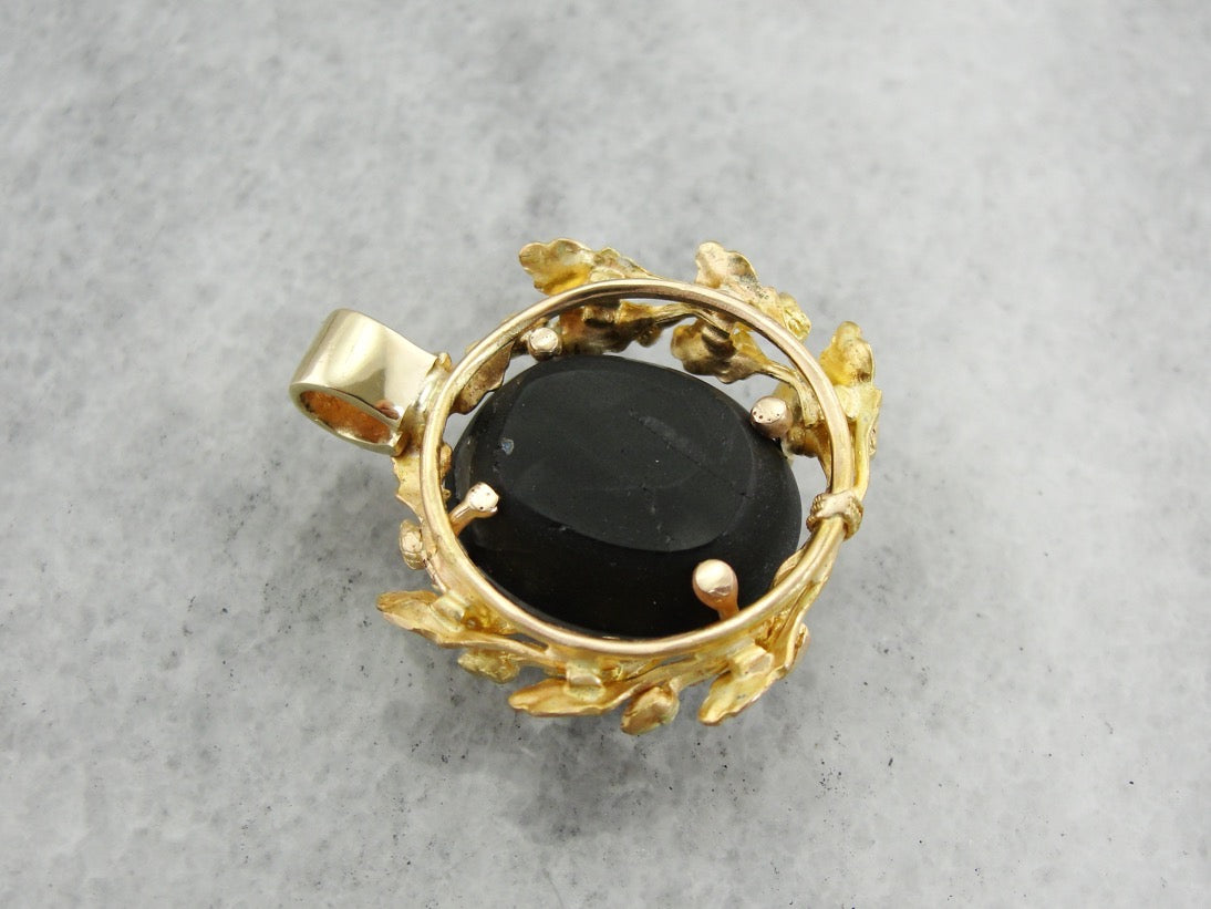 Spectrolite Cat's Eye Pendant Gold Botanical Pendant