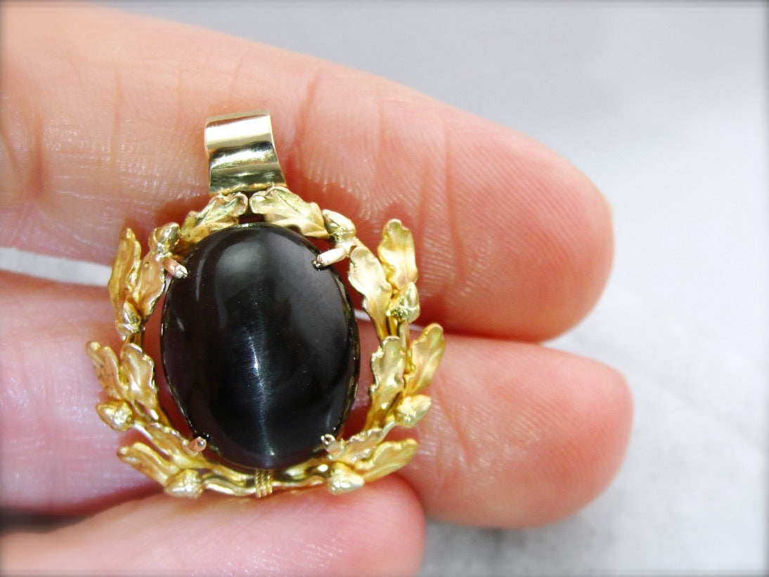 Spectrolite Cat's Eye Pendant Gold Botanical Pendant