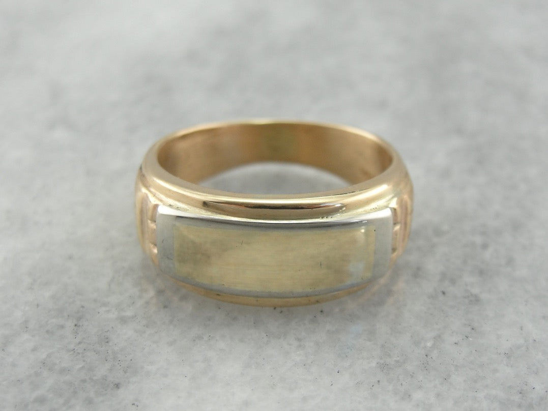 Men's Signet Ring in Polished Gold, East to West Band Style Ring