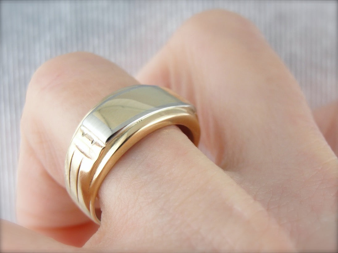 Anillo de sello para hombre en oro pulido, anillo estilo banda de este a oeste