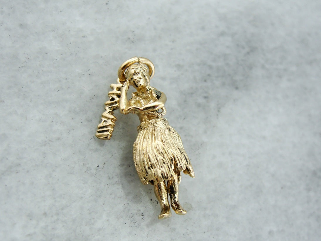 Hawaiian Hula Woman, Hawaii Travel Charm or Pendant, Dancing Woman Moveable Vintage Charms