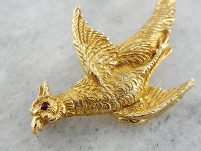 Ruby Eyed Phoenix Bird Brooch, Symbolizing Rebirth and Renewal, Beautifully Carved Bird Pin