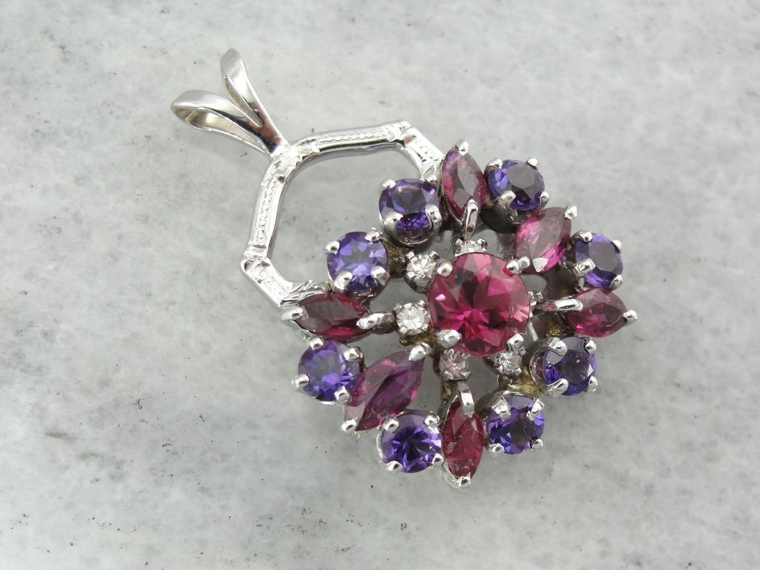 Stunning Color! Pink Tourmaline, Amethyst, Pink Sapphire and Diamond Cluster Pendant with Antique White Gold Elements