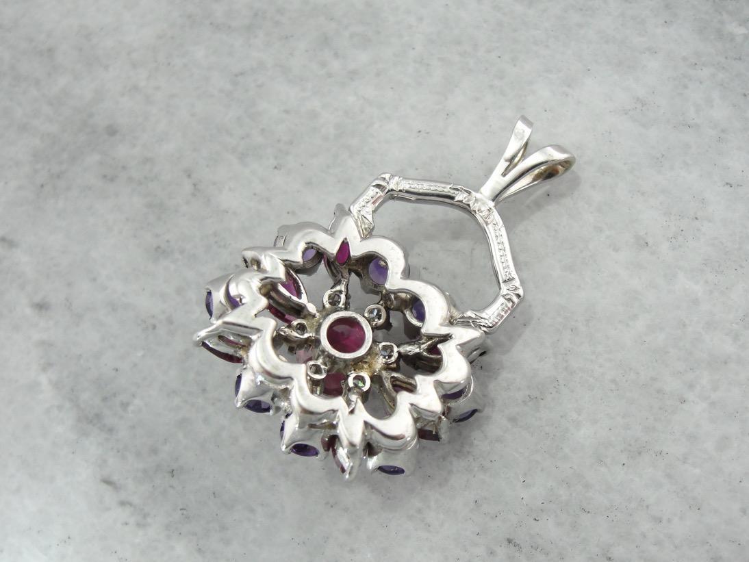 Stunning Color! Pink Tourmaline, Amethyst, Pink Sapphire and Diamond Cluster Pendant with Antique White Gold Elements