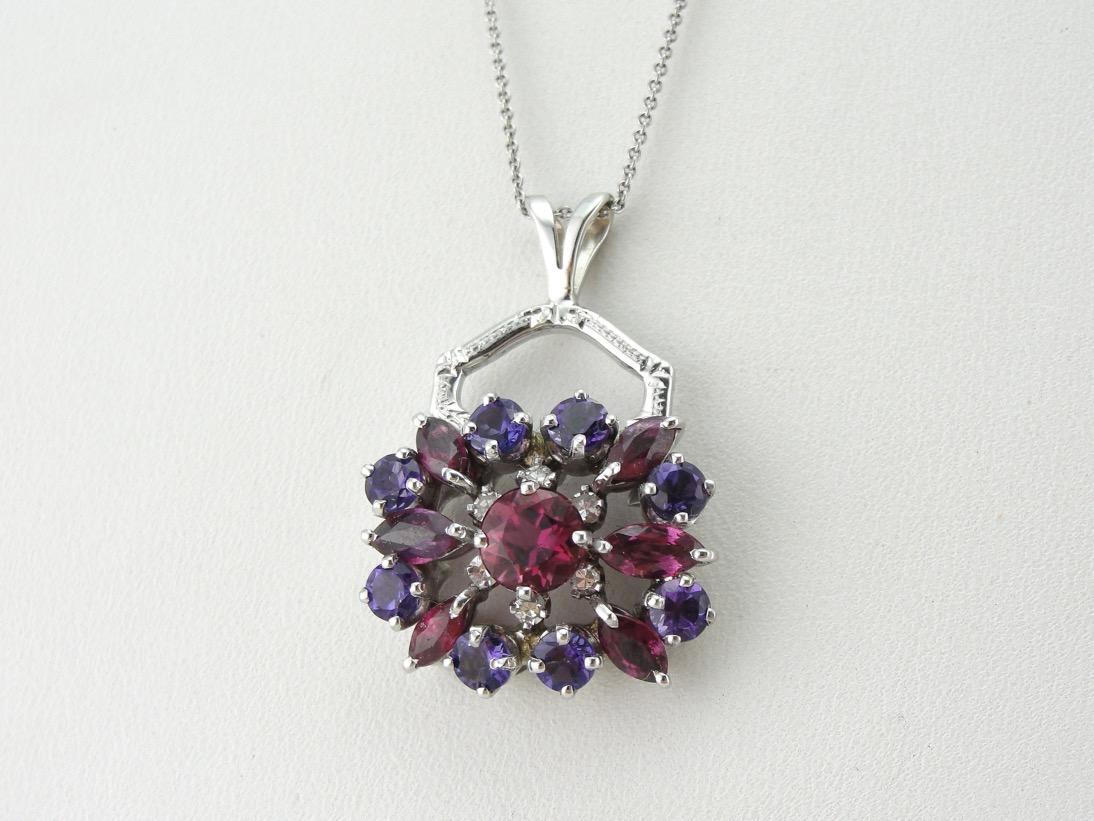 Stunning Color! Pink Tourmaline, Amethyst, Pink Sapphire and Diamond Cluster Pendant with Antique White Gold Elements