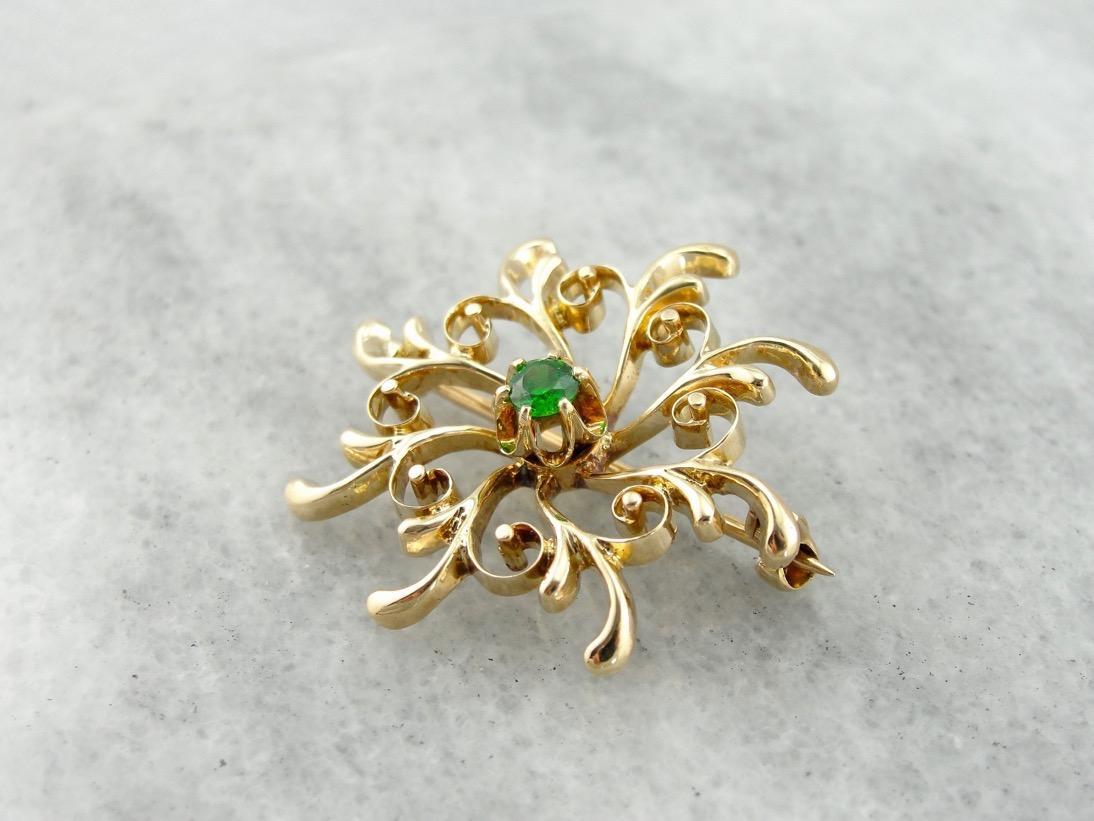 Vintage Demantoid Garnet Brooch, Victorian Revival Pin in Yellow Gold