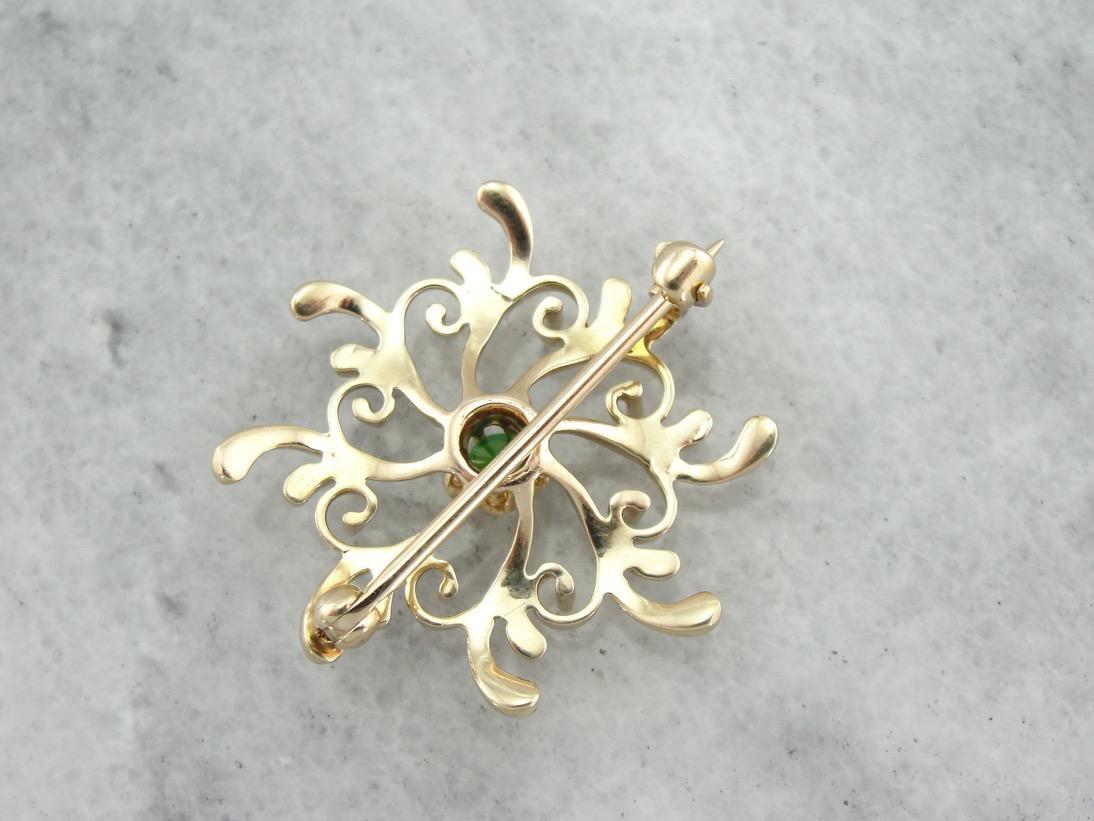 Vintage Demantoid Garnet Brooch, Victorian Revival Pin in Yellow Gold