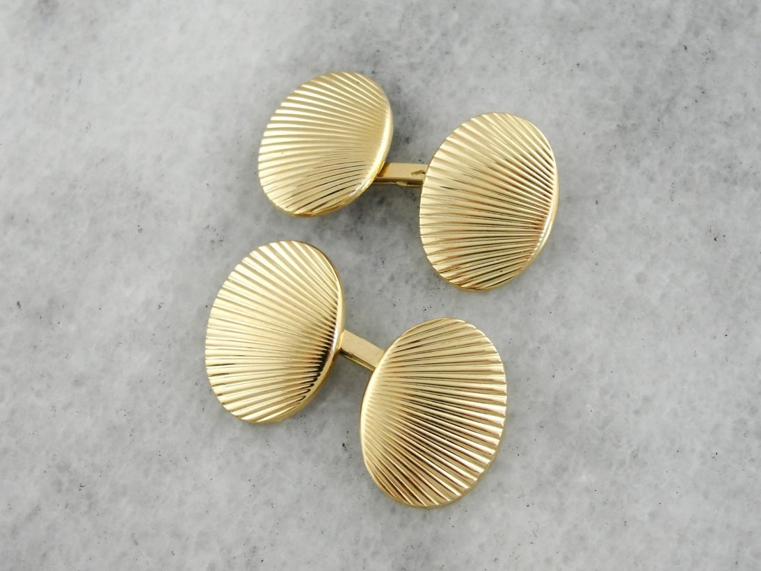 Vintage Seashell Oval Heavy Yellow Gold Cufflinks for a Man or Woman