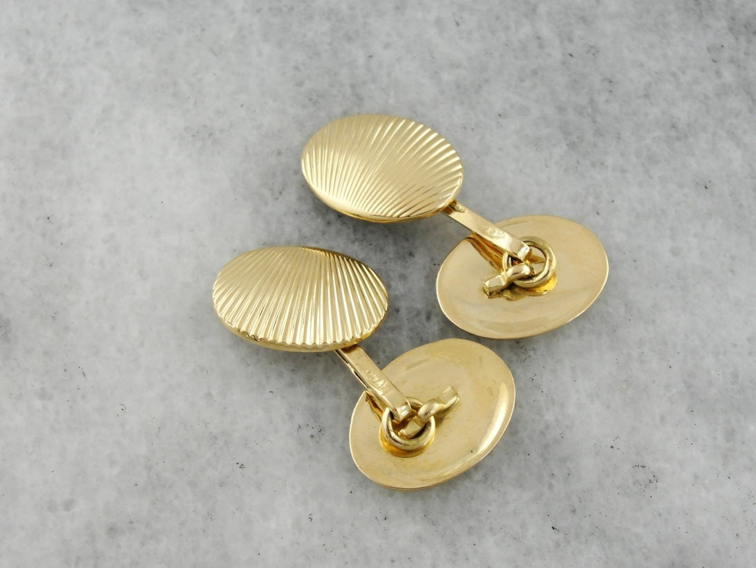 Vintage Seashell Oval Heavy Yellow Gold Cufflinks for a Man or Woman