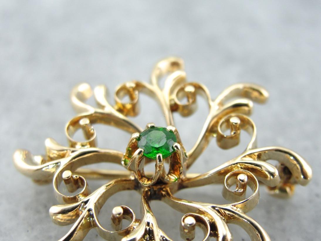 Vintage Demantoid Garnet Brooch, Victorian Revival Pin in Yellow Gold