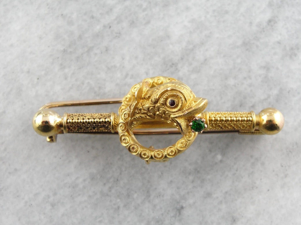 Etruscan Revival Dolphin Brooch with Demantoid Garnet Accent