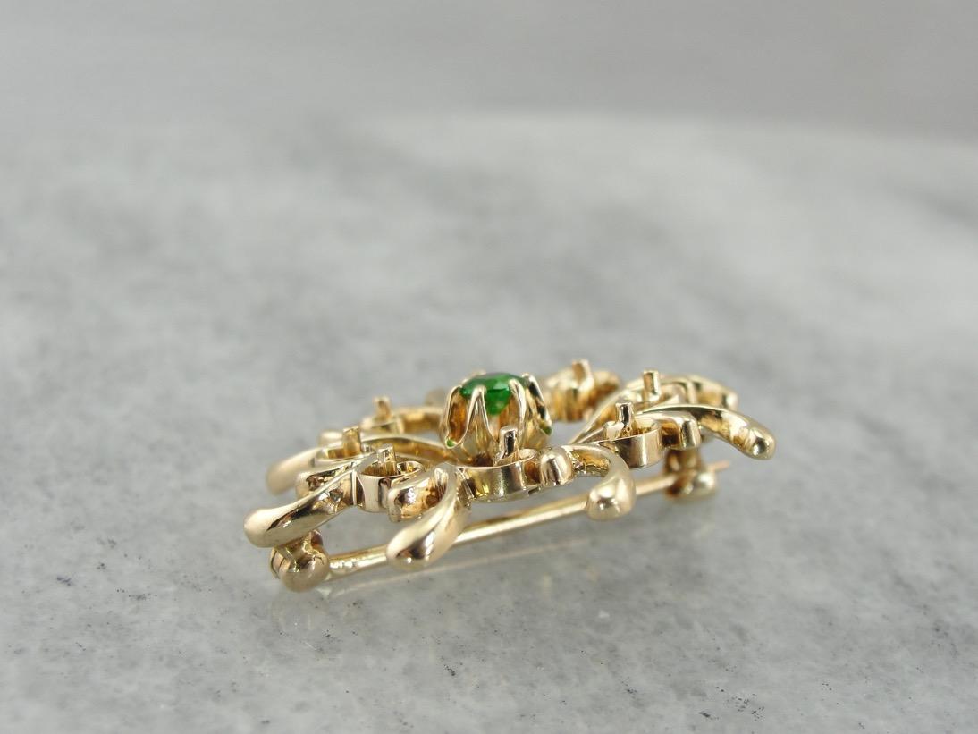 Vintage Demantoid Garnet Brooch, Victorian Revival Pin in Yellow Gold