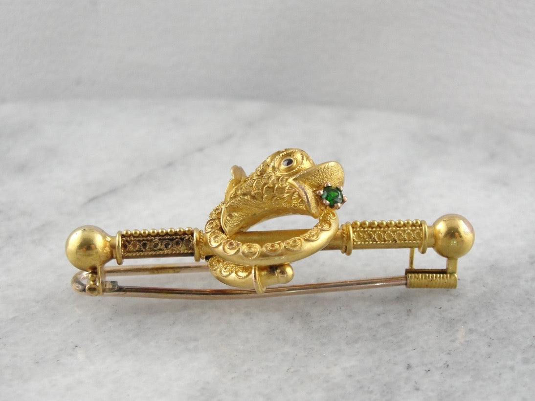 Etruscan Revival Dolphin Brooch with Demantoid Garnet Accent