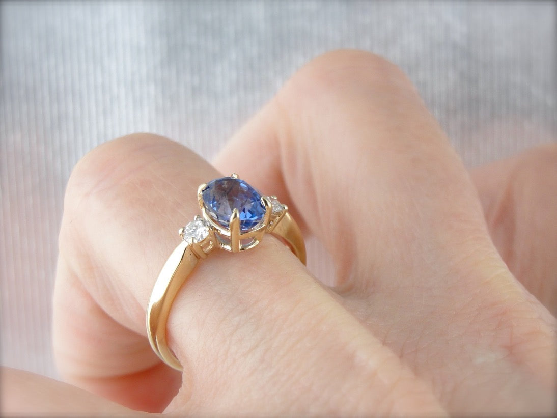 Classic Three Stone Sapphire and Diamond Engagement Ring