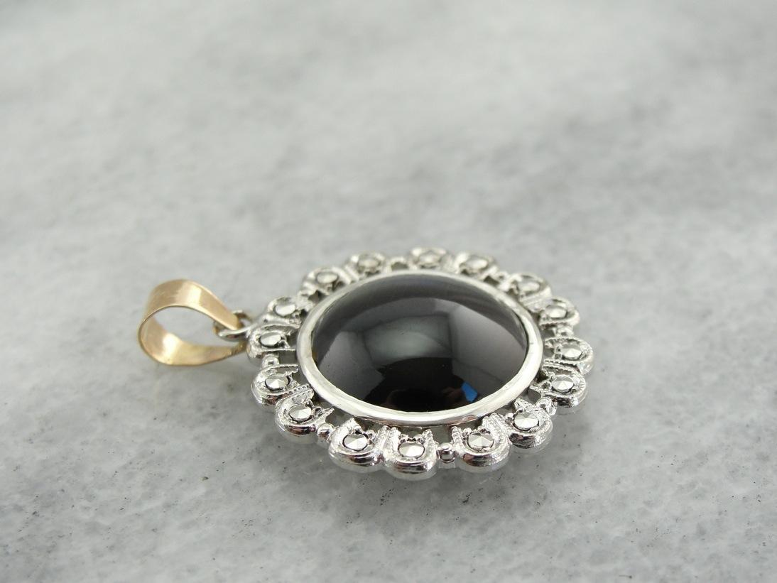 Silver and Gold Cat's Eye and Marcasite Pendant