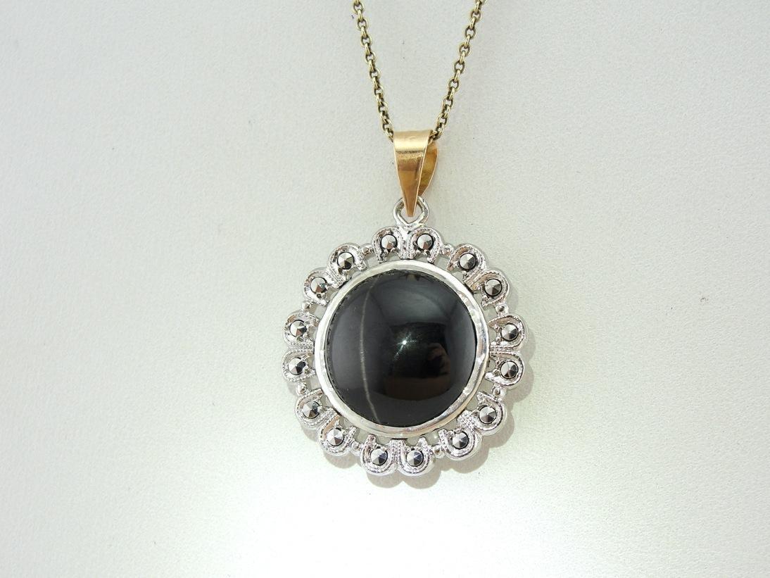 Silver and Gold Cat's Eye and Marcasite Pendant