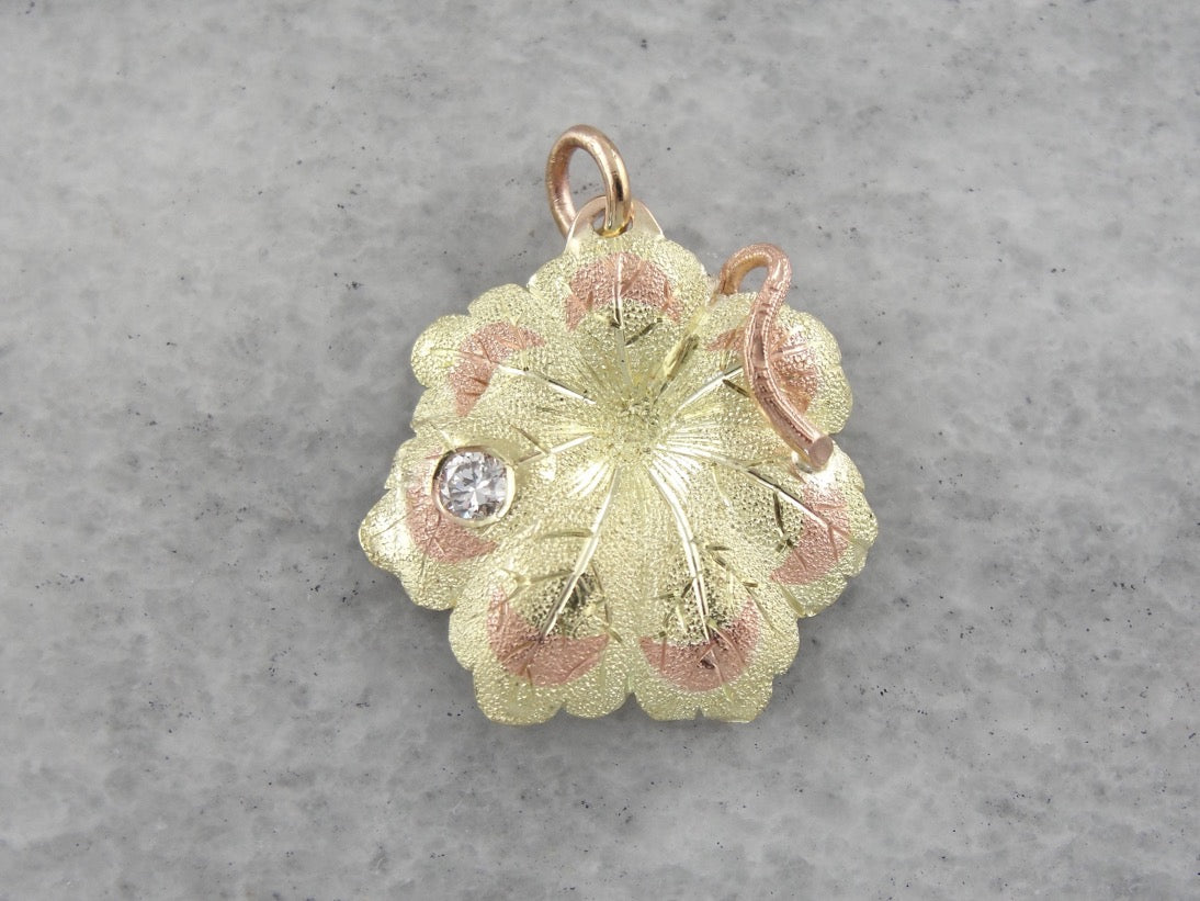 Beautiful Textured Green and Rose Gold Flower Pendant with Diamond