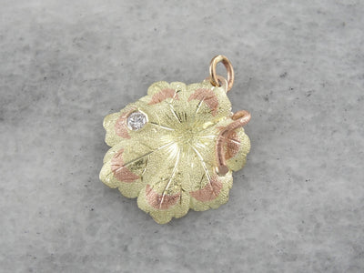 Beautiful Textured Green and Rose Gold Flower Pendant with Diamond
