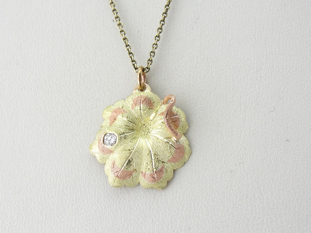 Beautiful Textured Green and Rose Gold Flower Pendant with Diamond