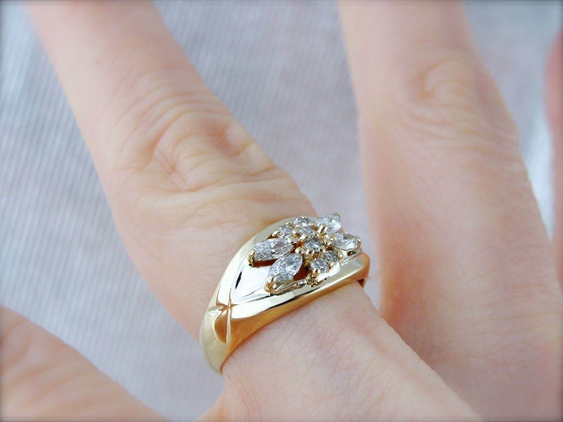 Contemporary Gold and Diamond Cocktail Ring, Sweet Bow Tie Shape with Marquise Diamonds