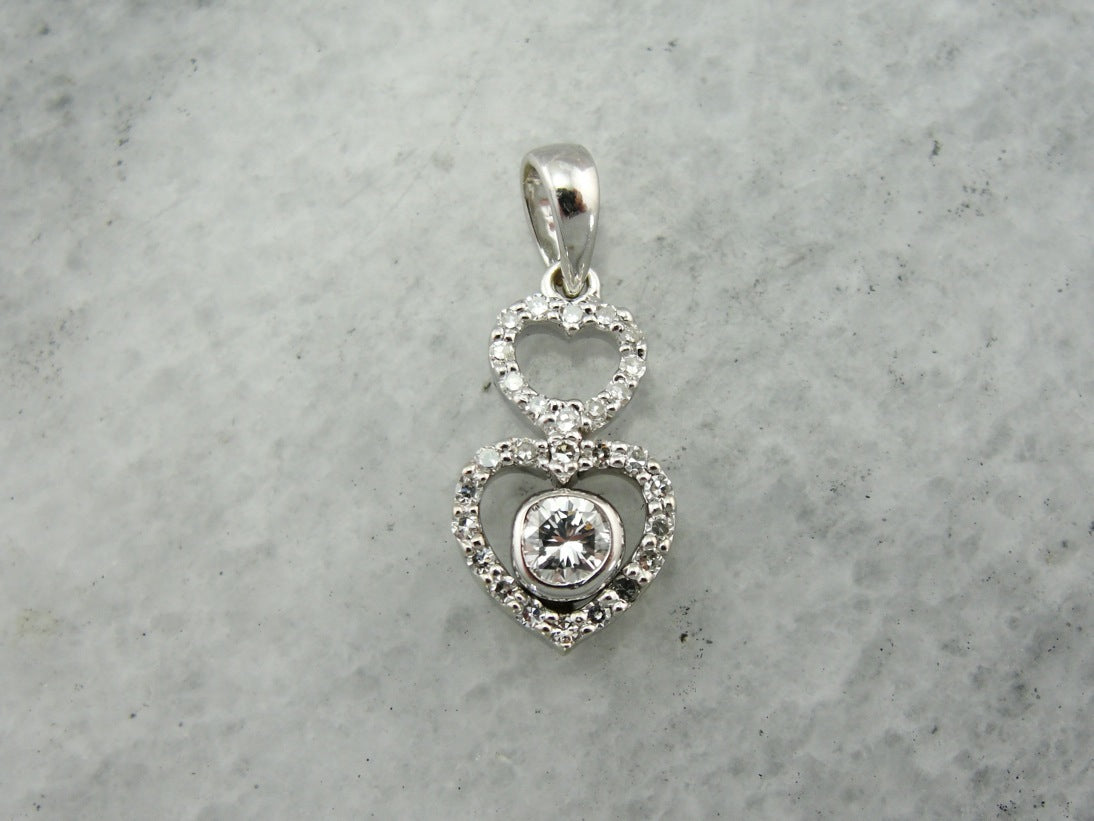 Double Diamond Heart Pendant in Bright White Gold, Modern and Contemporary